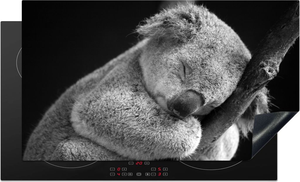 KitchenYeah Herdabdeckplatte Schlafender Koala auf schwarzem Hintergrund , 91x52cm, Küche Deko, Glaskeramikfeld Herdabdeckung, Abdeckplatte fùr...