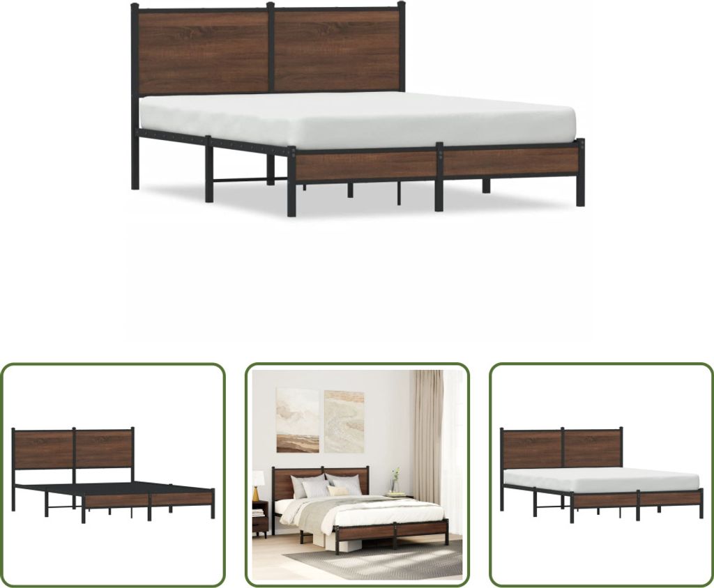 The Living Store Bettgestell mit Kopfteil Metall Braun Eichen-Optik 140x200 cm