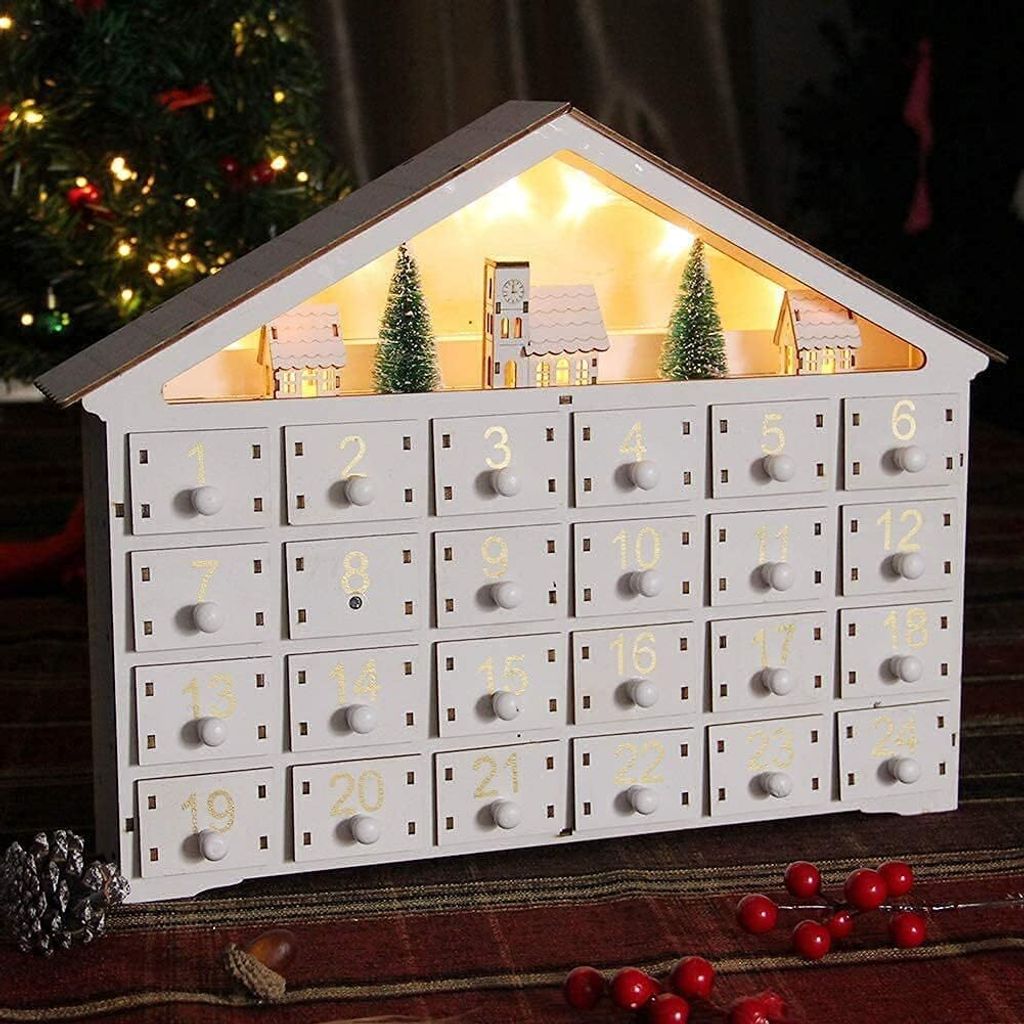 LED Adventskalender 24 Tage Dekoriert mit Weihnachtsbaumhaus und LED-Lichtern, beleuchteter weißer Holz-Countdown bis Weihnachtskalender,