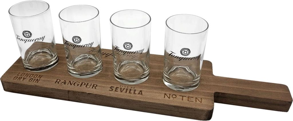 Tanqueray Tablett Echtholz Probier Brett mit 4 Gläsern Servier Meter Träger gin Party Bar Glas