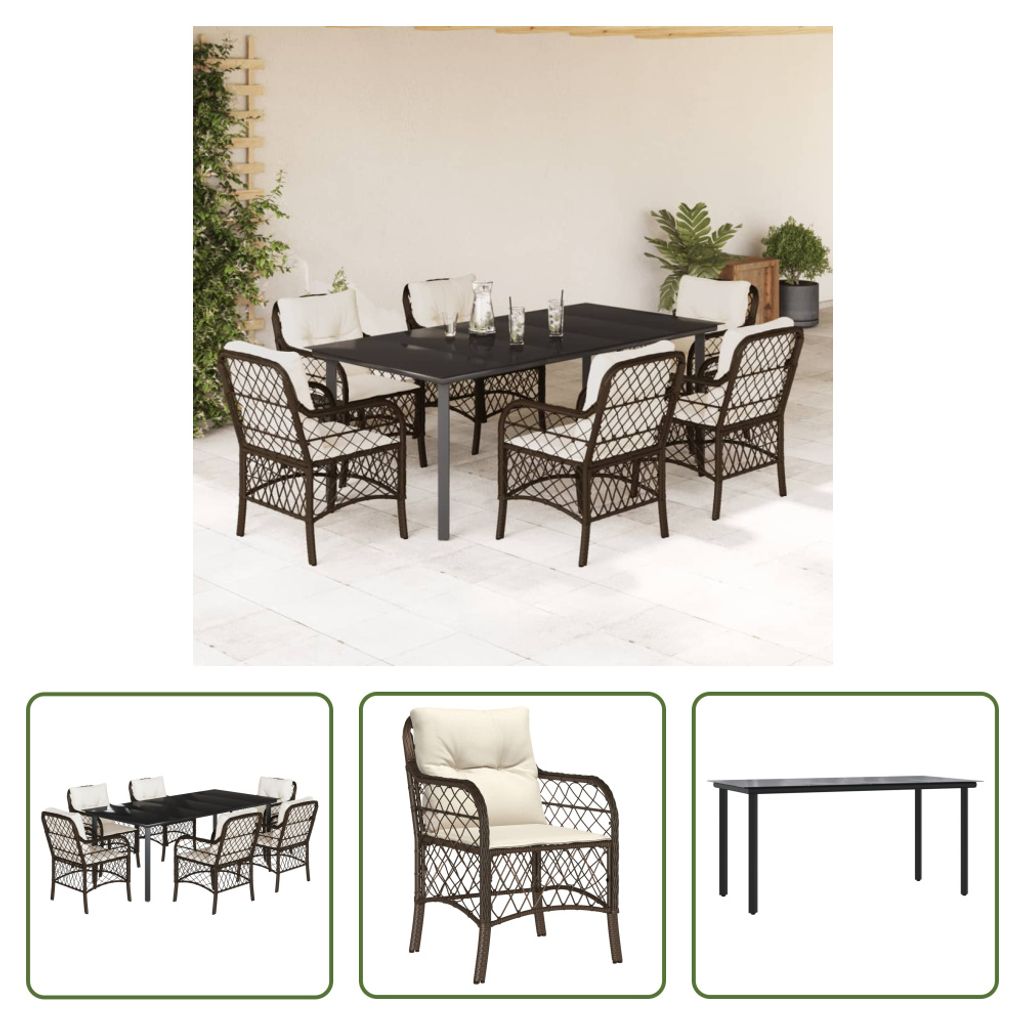 The Living Store 7-tlg. Garten-Essgruppe mit Kissen Braun Poly Rattan