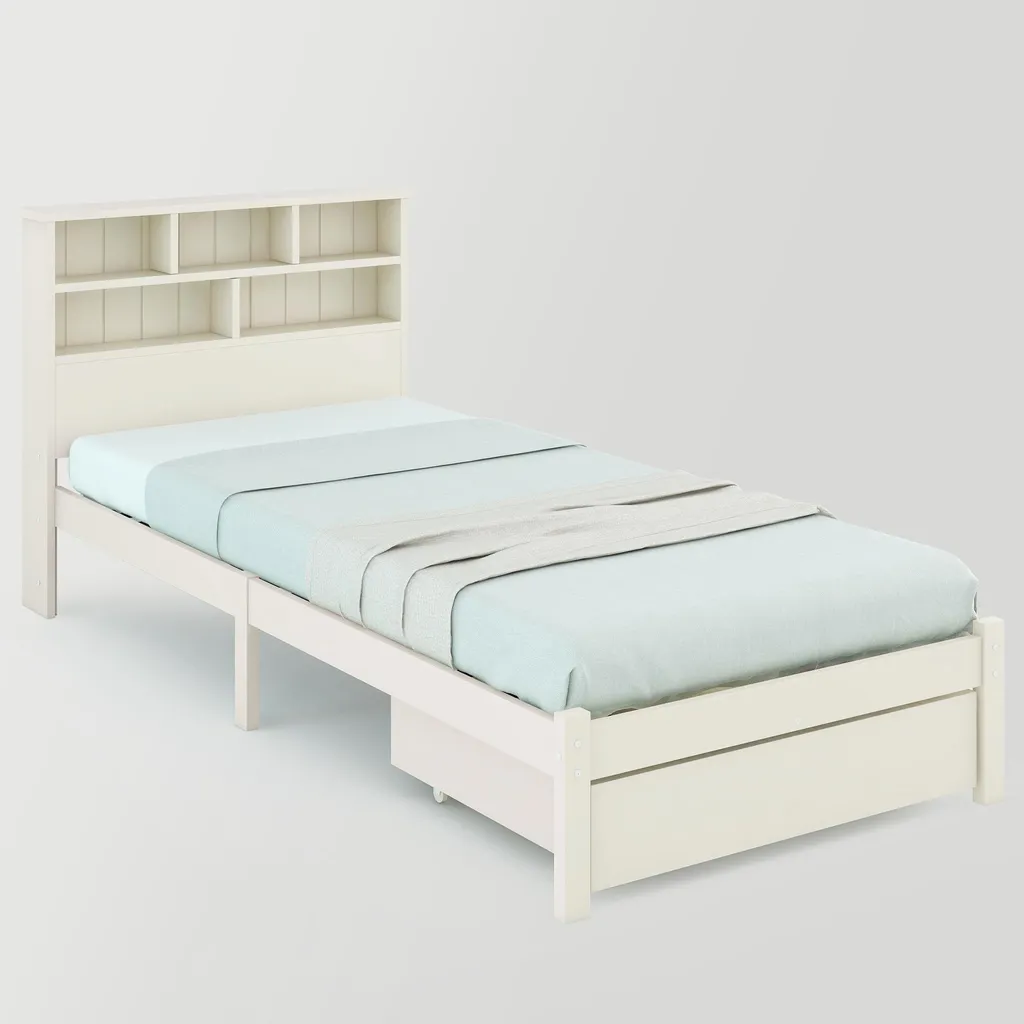 Lit simple 90x200 cm blanc avec étagères de tête de lit multifonctions - 10