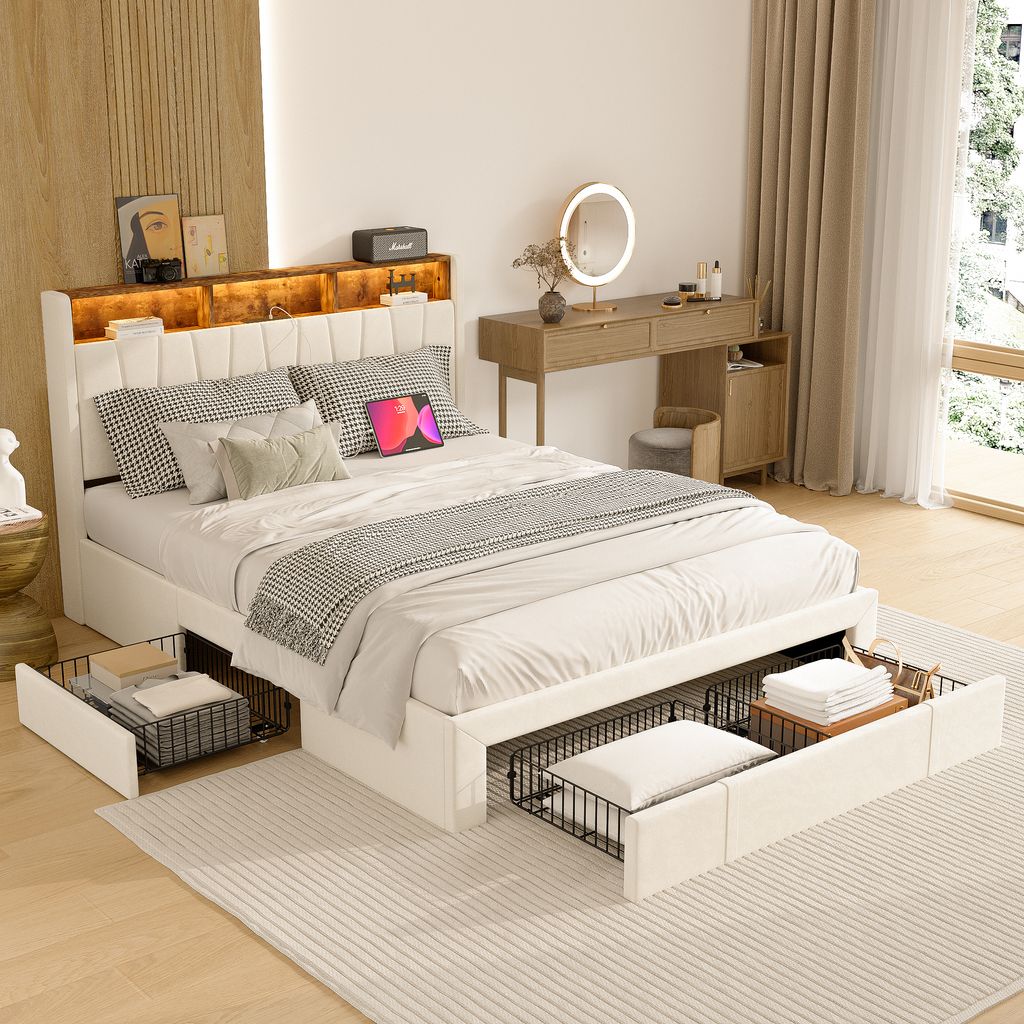 Polsterbett Doppelbett 160x200 cm mit LED und USB, 3 Schubladen, Kopfteil mit Stauraum, Velours, Beige, modernes Design, ideal für Schlafzimmer, f...