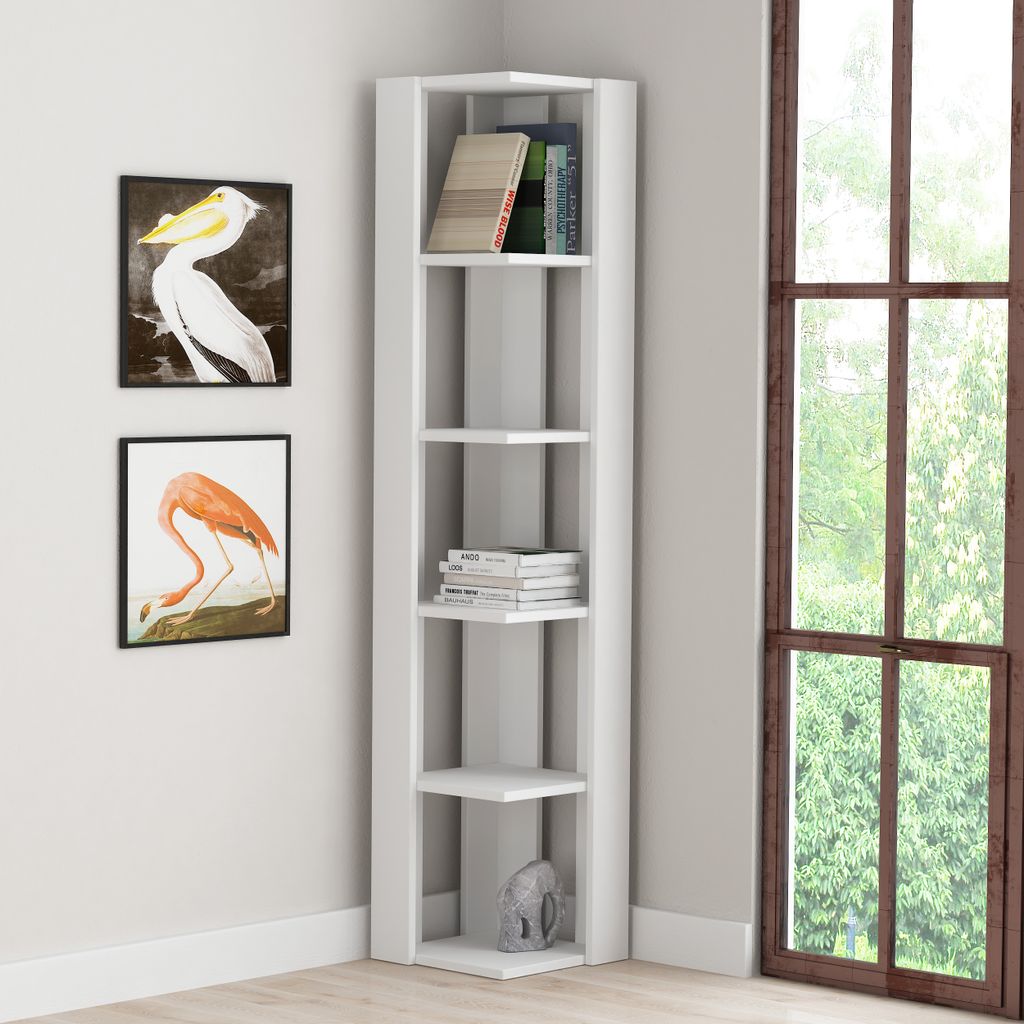 A white corner bookshelf next to a large window with two framed pictures on the wall.