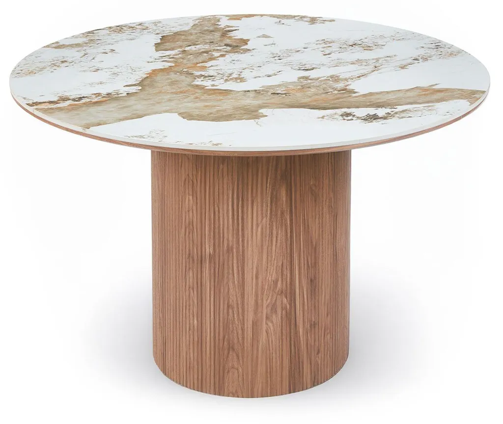 Table ronde céramique effet marbre blanc 120cm avec pied central strié