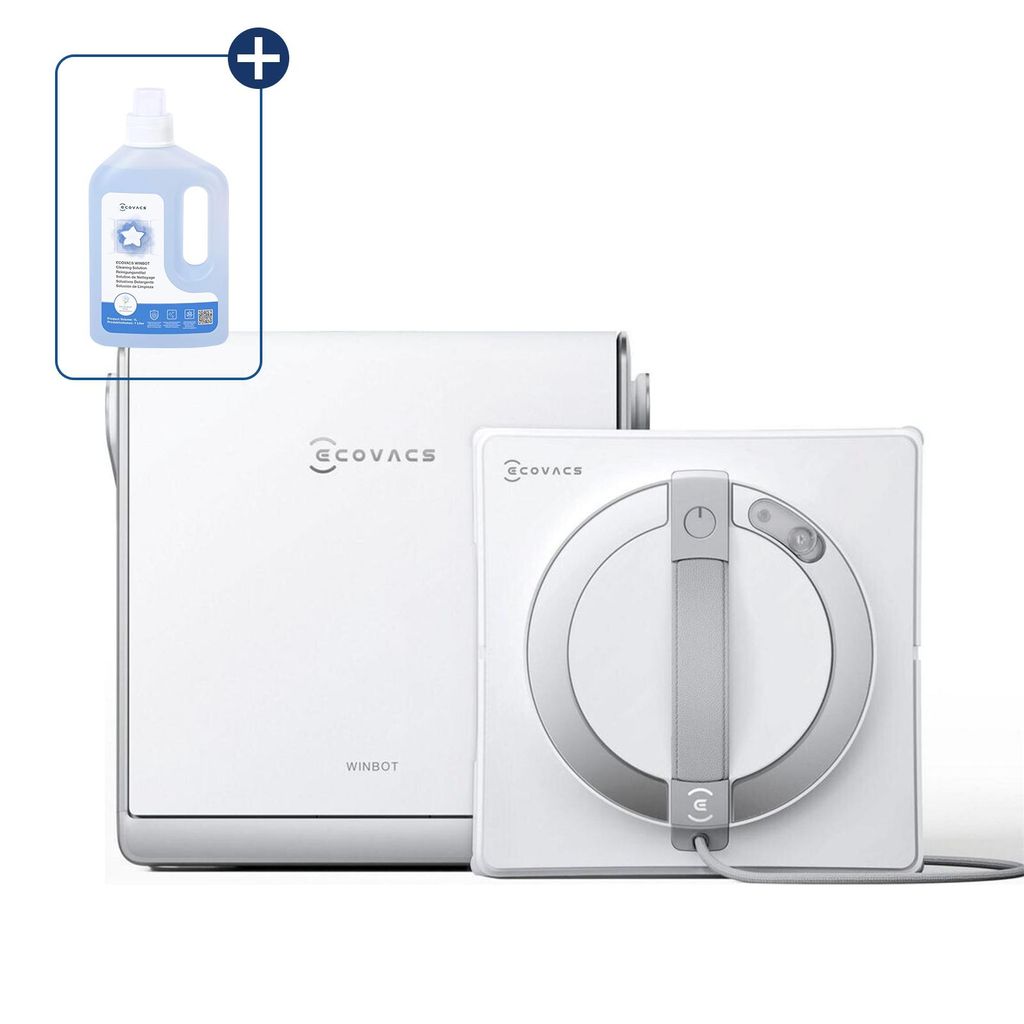 A white window cleaning robot and its charging station are displayed on a white background, with a bottle of cleaning fluid in the upper left corner.