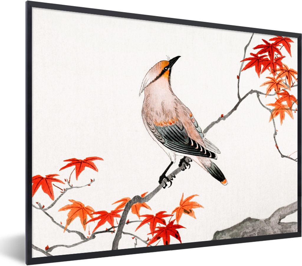 MuchoWow Gerahmtes Poster Vogel - Baum - Japanischer Ahorn - Vintage - Skandinavisch 80x60 cm - Poster mit Schwarzem Bilderrahmen Wandposter Rahm...