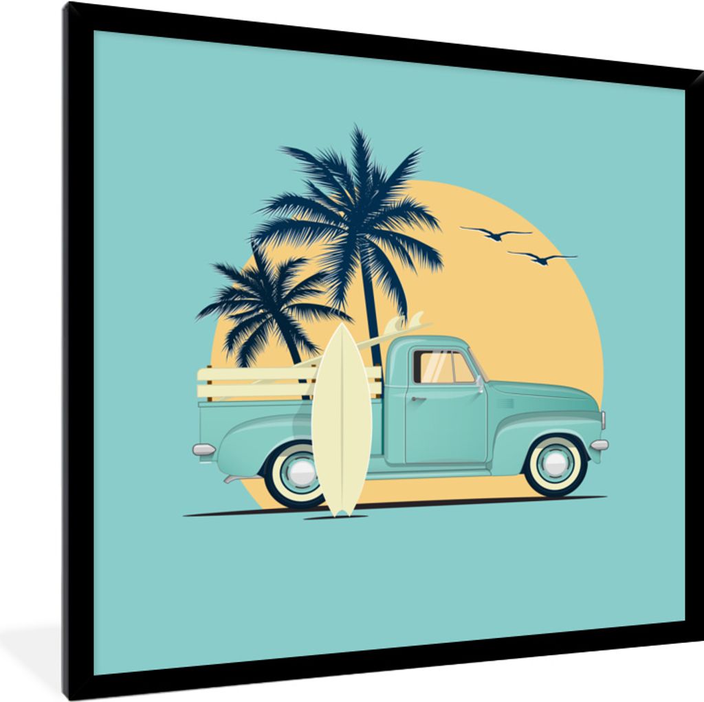 MuchoWow MuchoWow Gerahmtes Poster Auto - Sonne - Surfbrett - Zeichnung 40x40 cm - Poster mit zchwarzem Bilderrahmen - Mit Rahmen - Wanddekorat...