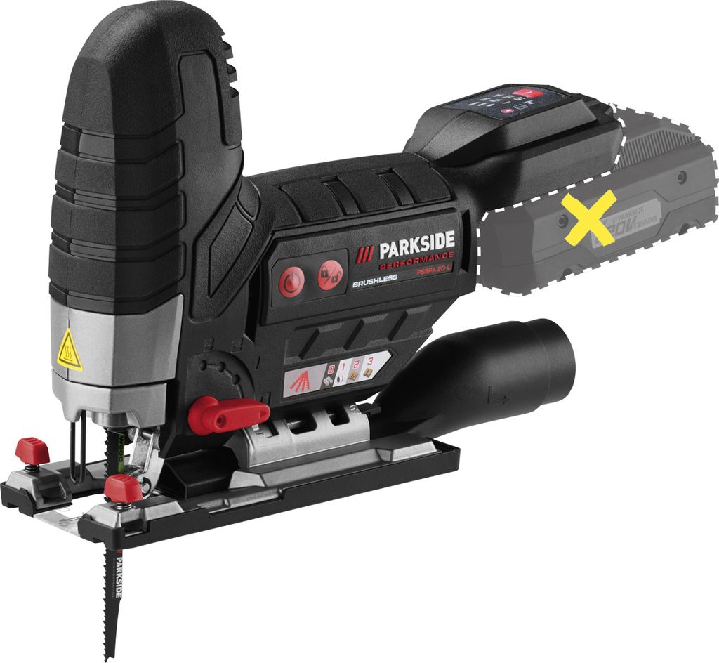 A cordless jigsaw is shown from a side angle against a white background. A dashed outline indicates where a battery pack would attach, with a yellow 'X' marking it as not included.
