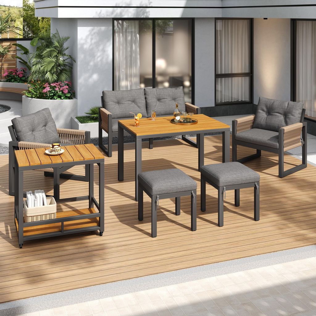 Merax Gartenmöbel Set Outdoor Sofa Set mit Tisch, Gartenlounge für mehrere Personen mit Eisengestell und geflochtene Armlehnen, Sitzkissen, Grau+...