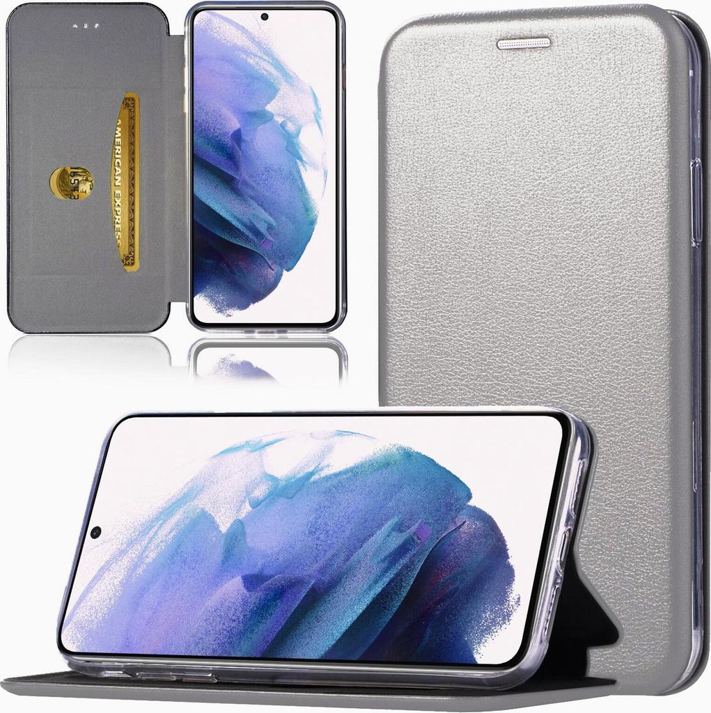 Handy Schutz Hülle für Samsung Galaxy S21 FE Handytasche mit Magnetdeckel Kartenfach und Standfunktion Klapphülle Grau