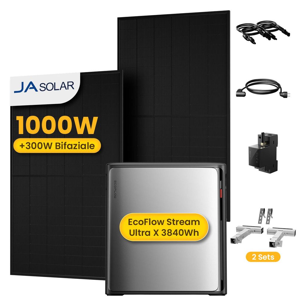 Powerness Balkonkraftwerk mit Speicher, EcoFlow STREAM Ultra X 3,84 kWh Speicher mit 1000W JASolar Modulen, Smartmeter & Balkon-Haken Halterung Si...