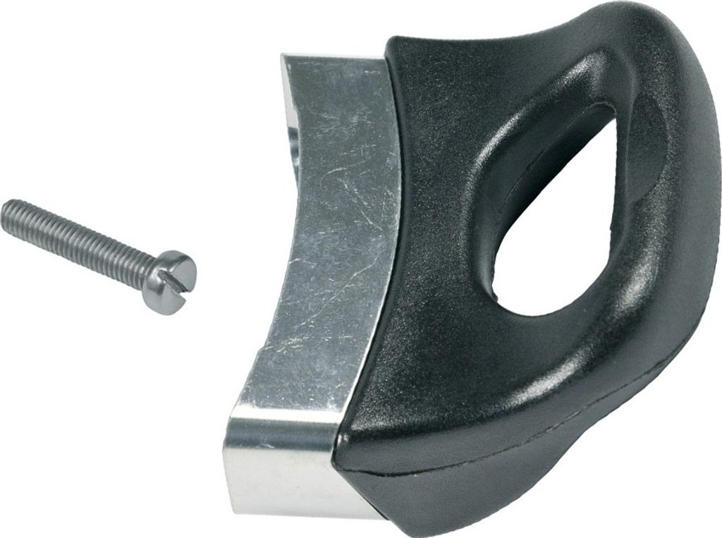 A black and silver pot handle with a screw, isolated on a white background.