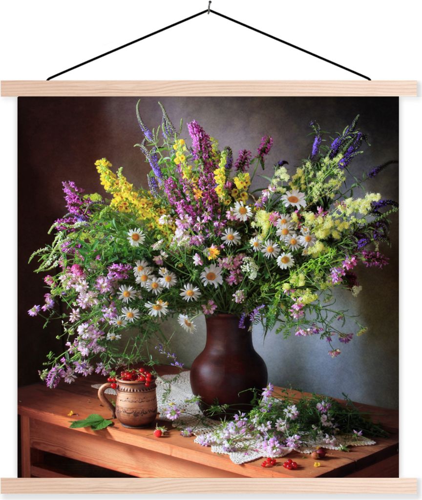 MuchoWow Textilposter Blumen - Tisch - Stilleben - Blumenstrauß - Vase 40x40 cm mit holzfarbenen Rahmen - Posterleiste