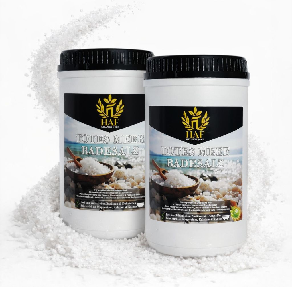 HAF – Totes Meer Badesalz (2 x 1 kg Dose) – Naturreines Meersalz aus Jordanien. Für trockene Haut & Gesicht | Für guten Schlaf & zur Körperp...