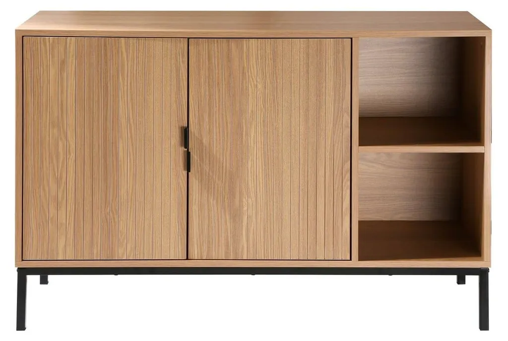 Buffet TARA Effet Bois Rainuré 110 cm avec Rangement Ouvert et Fermé