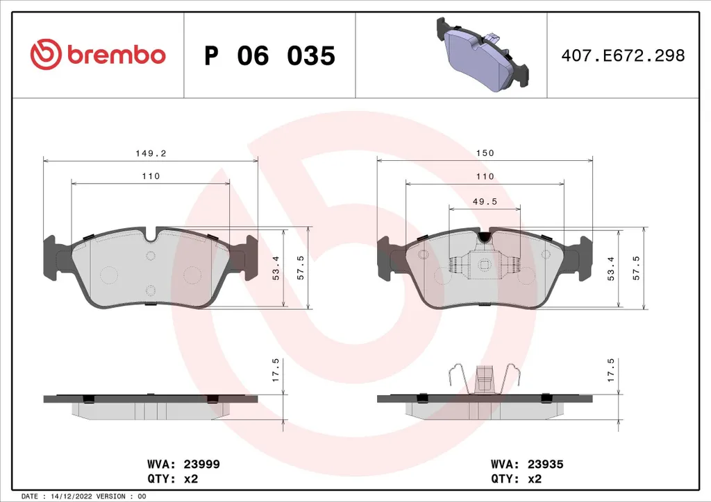 Plaquettes de Frein Brembo P 06 035X pour BMW E87 E90 et E91 Berline