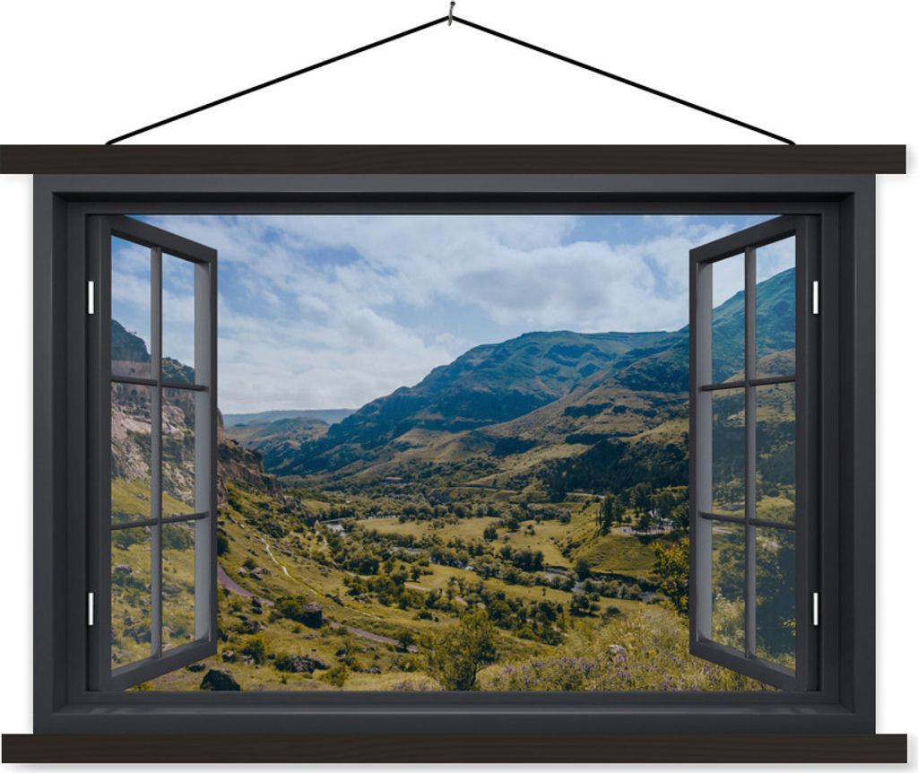 MuchoWow Textilposter Aussicht - Berg - Natur 90x60 cm mit schwarzem Rahmen - Aufhängungssatz