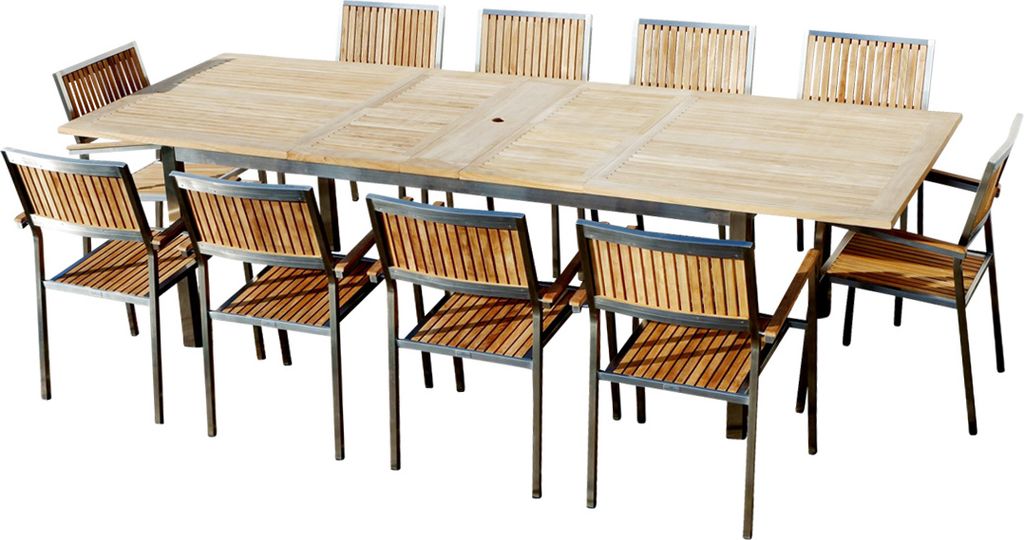ALEOS. Gartengarnitur Edelstahl Teak Set Ausziehtisch 200-240-280x100 cm + 10 Teak Sessel A-Grade Teak Holz Serie KUBA Gastroqualität
