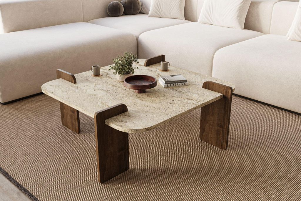 Skye Decor, Afrolli - Travertine, Walnut, Couchtisch, Travertin, 100% MELAMINBESCHICHTETE SPANNE, 90 x 90 x 35 cm