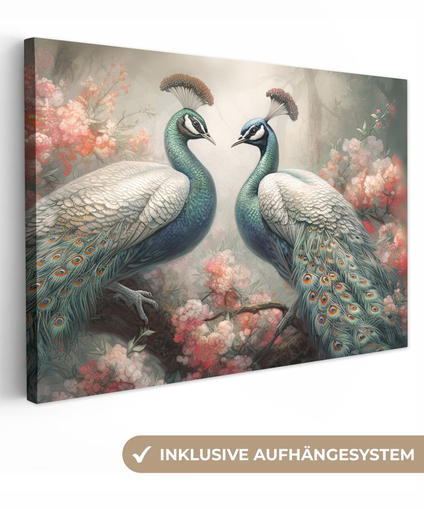 MuchoWow - Leinwandbilder - Pfaue - Pfauenfedern - Vögel - Natur, Wandbild, Wanddeko Bilder Wohnzimmer, 90x60 cm