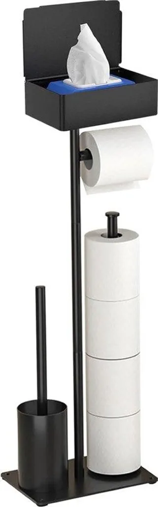 Porte-papier toilette sur pied en acier noir avec brosse WC intégrée