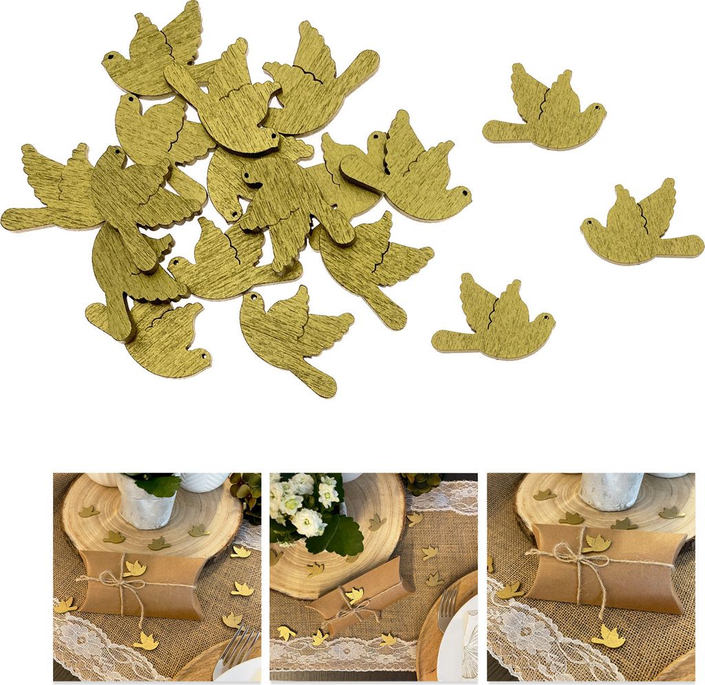 Oblique Unique Holz Tauben als Streudeko Tischdeko für Taufe Kommunion Konfirmation Hochzeit - Echtholz gold