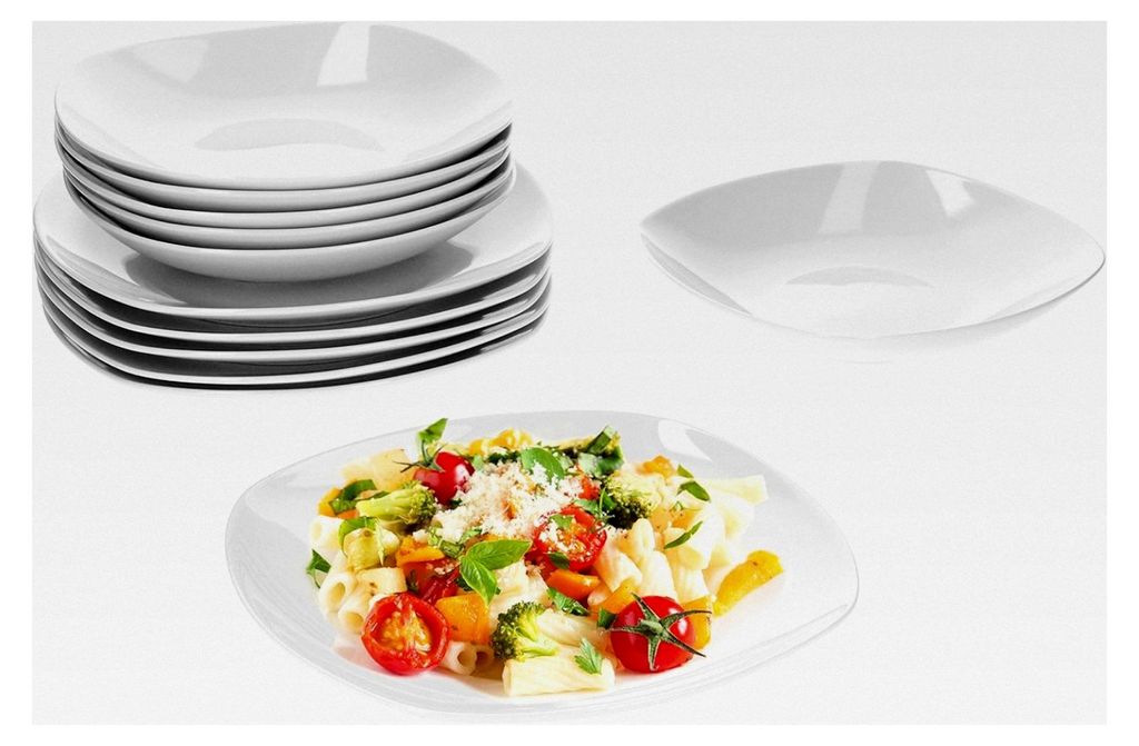 Lilli Tafelservice für 6 Personen – 12-teiliges klassisches Porzellan Geschirrset in Weiß – Eckige Form für die perfekte Tafel – Spülmasc...
