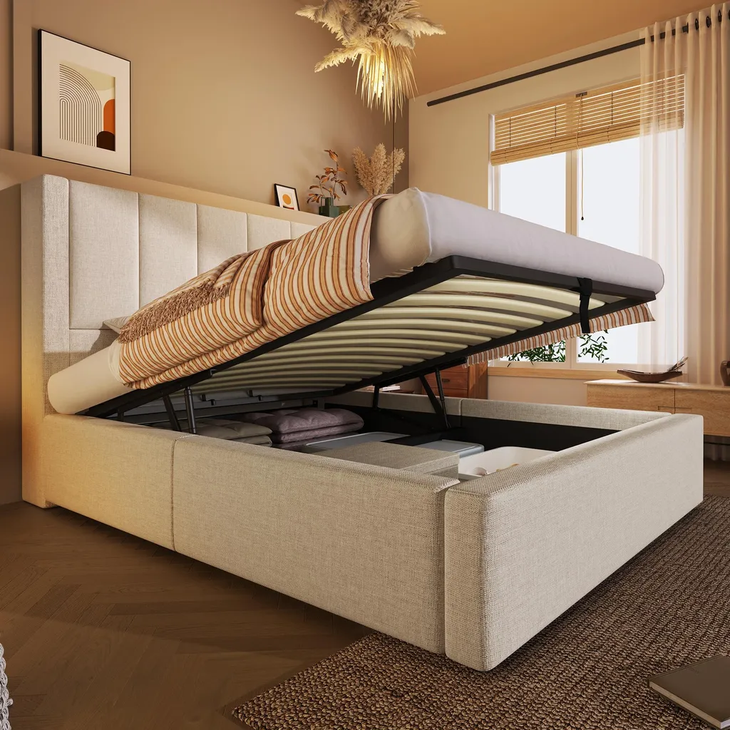 Lit Coffre 90x200 Beige : Solution de Rangement et Recharge USB Directe - 2