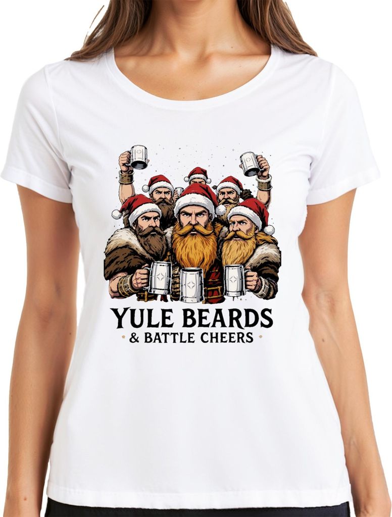 Yule Beards Battle Cheers Wikinger Weihnachten Bierkrug Retro Damen T-Shirt, Weiß, S