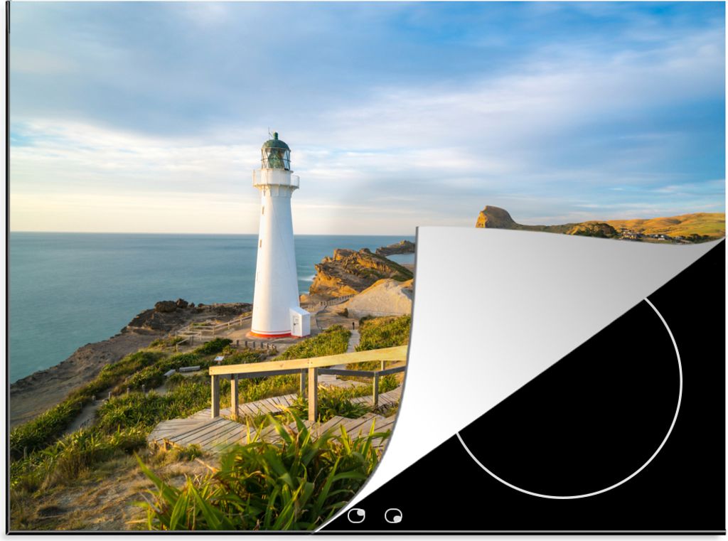 KitchenYeah Herdabdeckplatte Meer - Leuchtturm - Weiß , 75x52cm, Küche Deko, Glaskeramikfeld Herdabdeckung, Abdeckplatte fùr Kochfeld