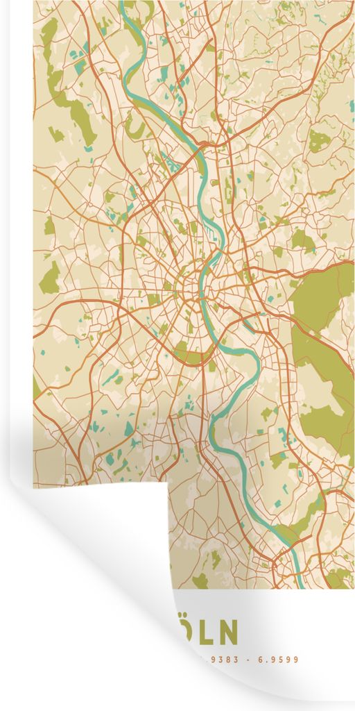 MuchoWow Wandtattoo Wandsticker Wandaufkleber Köln - Karte - Stadtplan - Vintage 60x120 cm Selbstklebend und Repositionierbar - Selbstklebend - ...