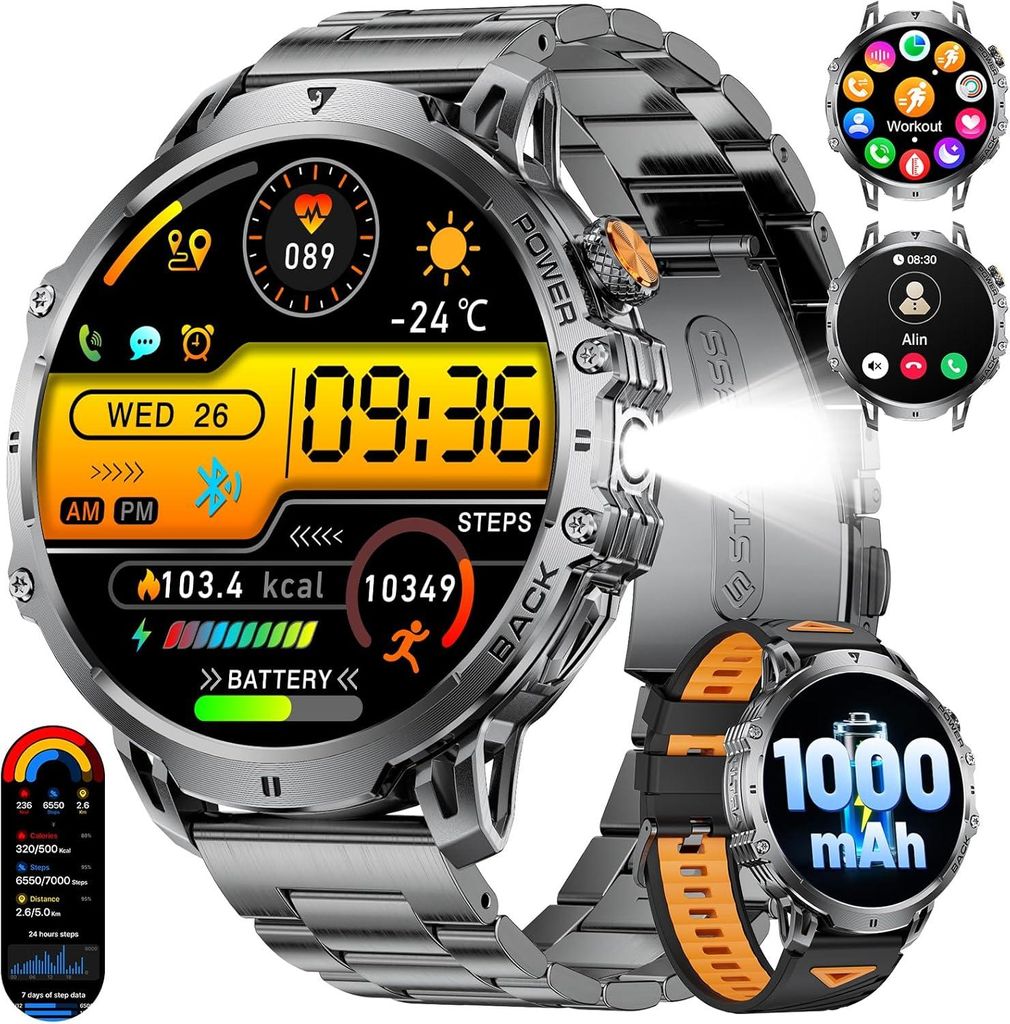 BENYAR SMART Herren Smartwatch mit 1.85" HD Display, 1000 mAh Akku, LED-Licht, 120+ Sportmodi, IP68 Wasserdicht, Herz- & Schlafmonitor