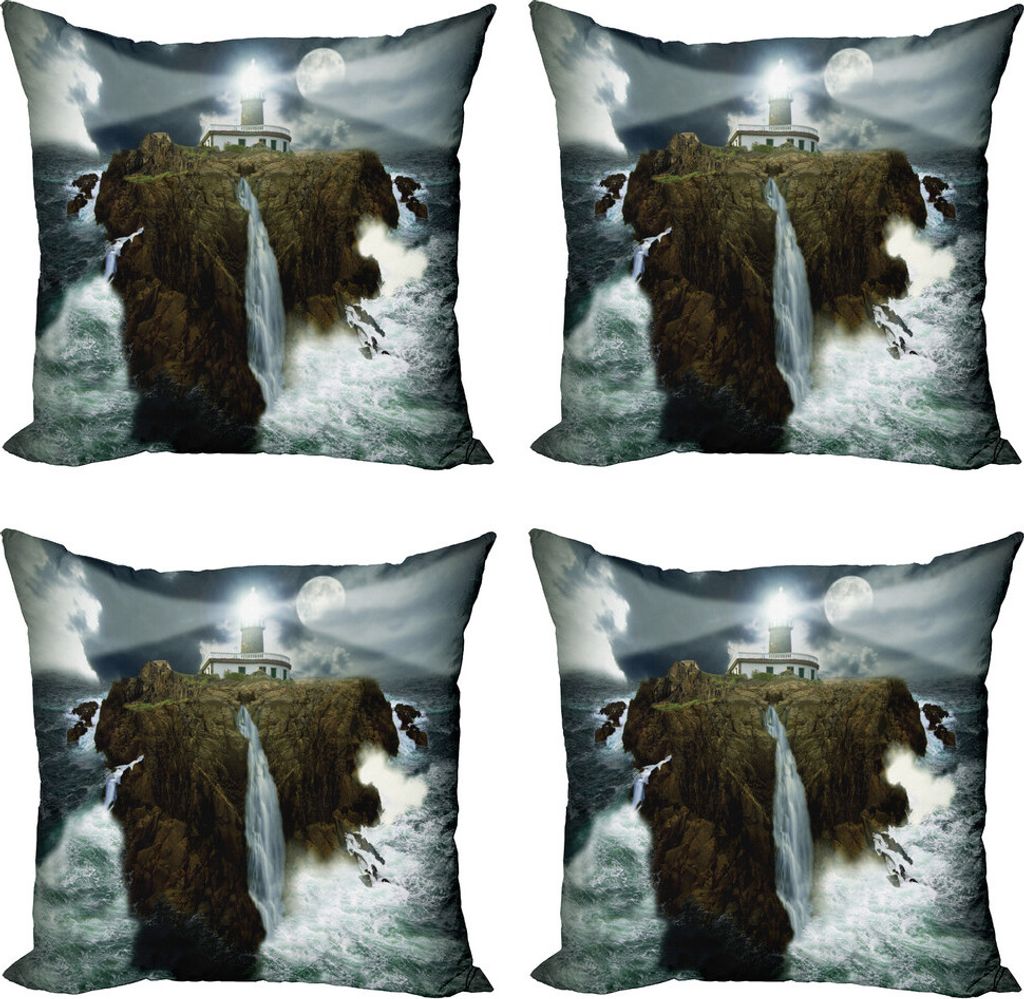 ABAKUHAUS Leuchtturm Kissenbezug Set (4 Stück), Rock Stormy Sealife, Moderner Doppelseitiger Digitaldruck, 40 cm x 40 cm, Grau, Weiß, Braun