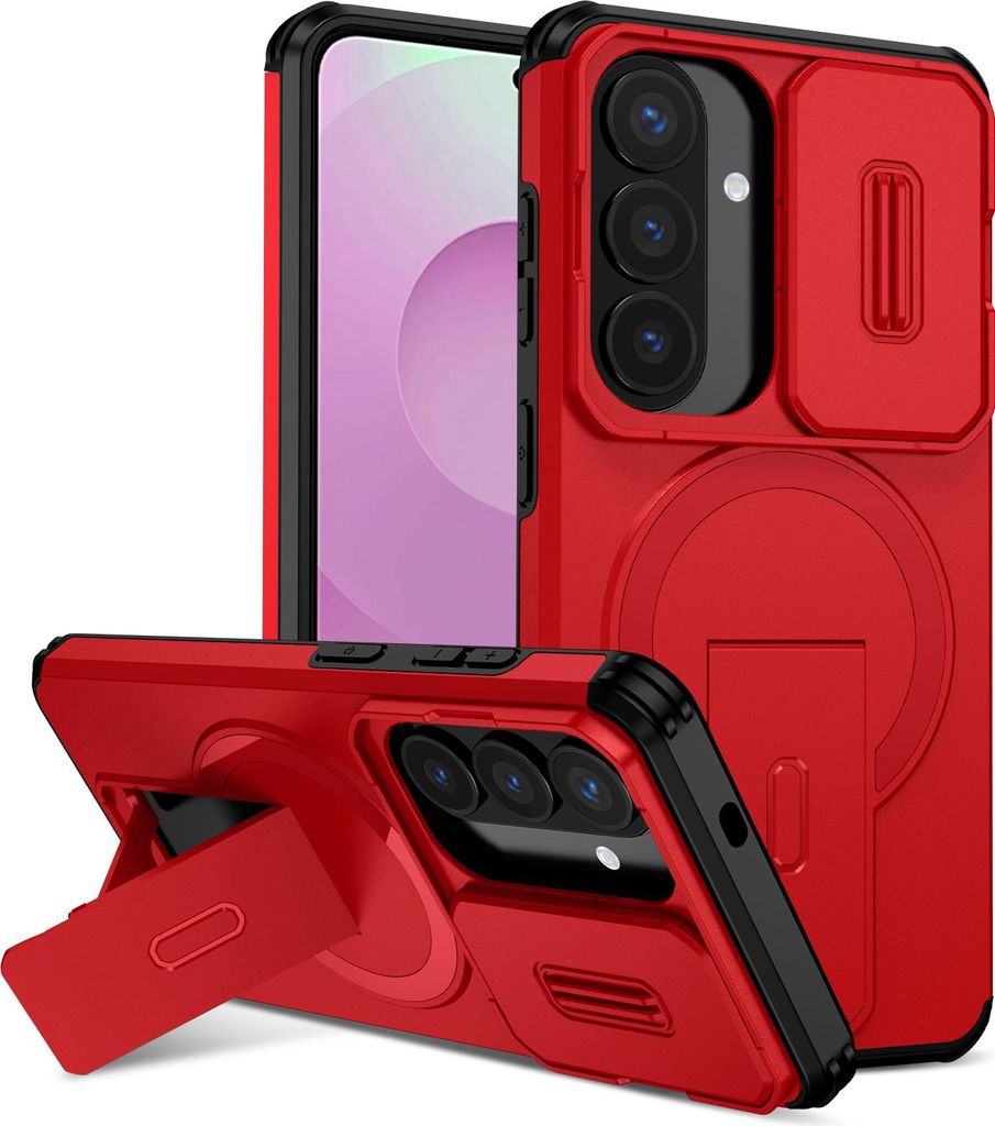 Magnetisch Hülle für Samsung Galaxy S26, Dual Layer Stoßfest Handyhülle mit Dia Kameraschutz, Verstellbarem Ständer Rot