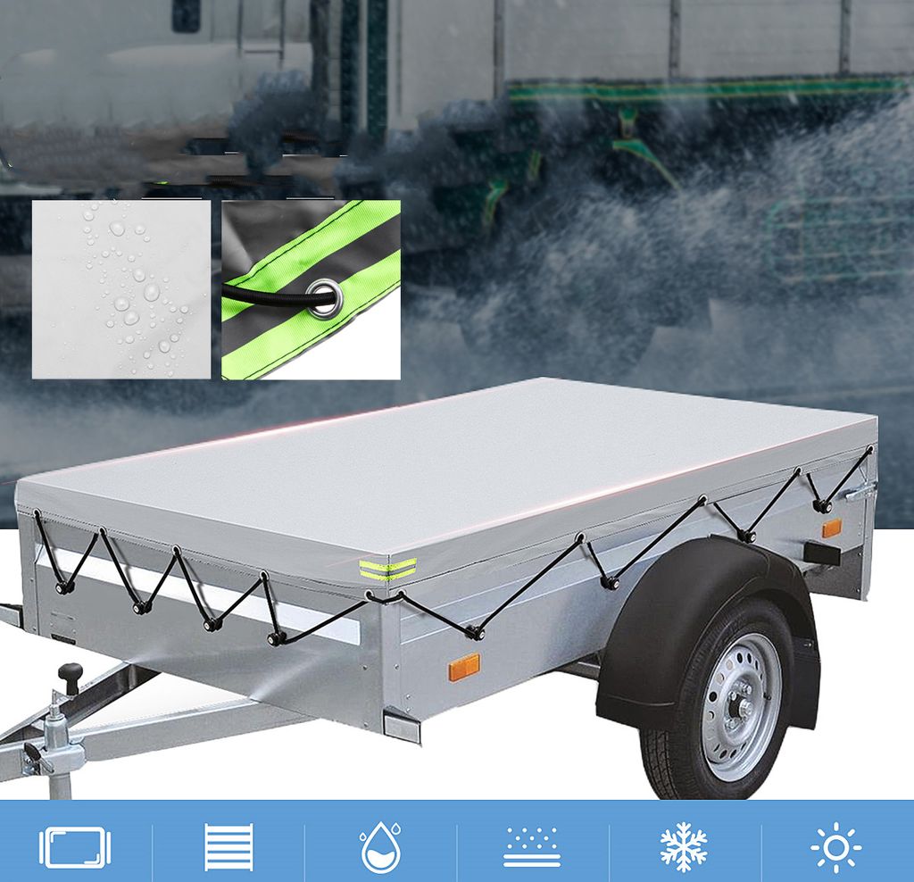 Anhängerplane Flachplane 2140x1220x130 mm inkl. Planenseil -420D Oxford Tuch - PKW Anhänger Plane Abdeckung für viele 750kg Hänger, Grau