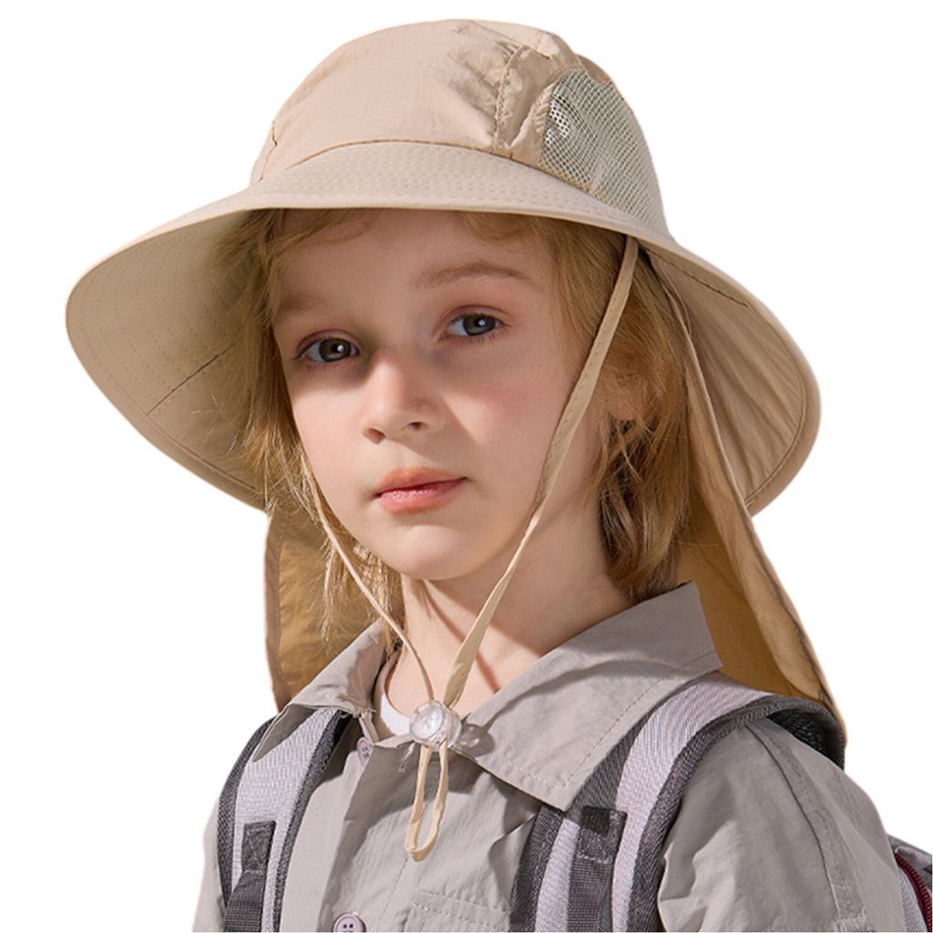 Sonnenhut Kinder, Atmungsaktive Fischerhut, UV Schutz Sommermütze mit Nackenschutz, Beige