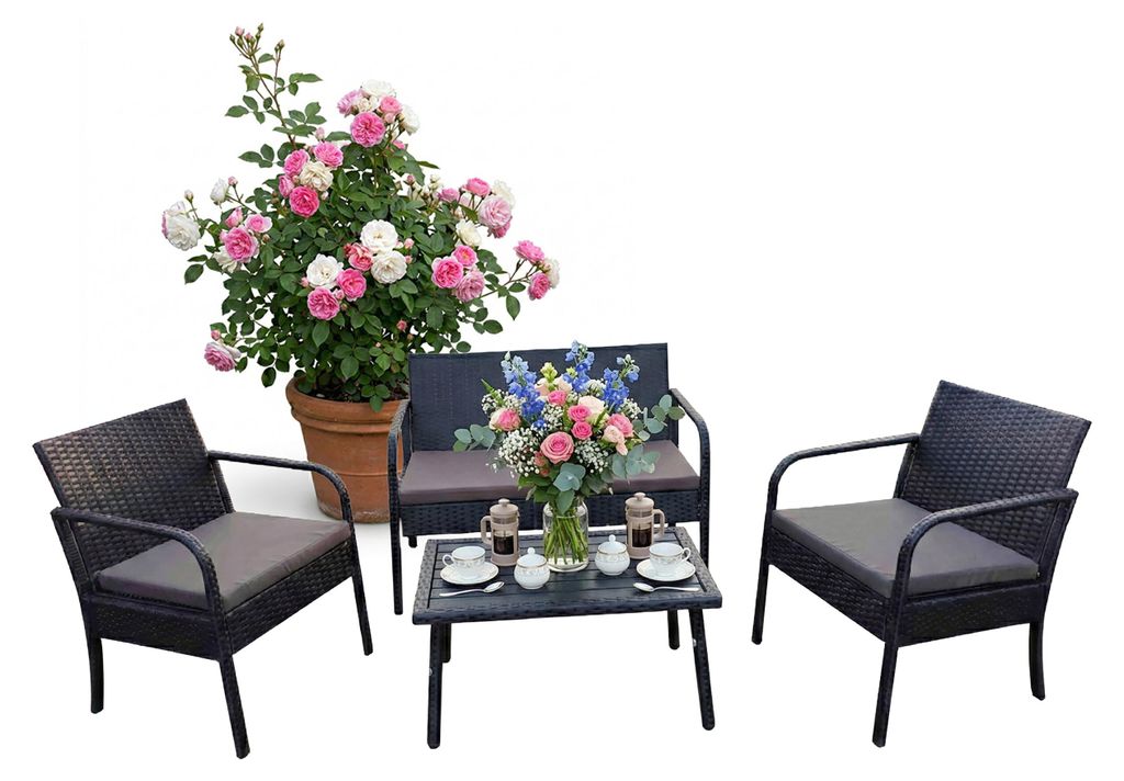 Relaxdays Gartenmöbel Set, 4-tlg. Rattan Sitzgruppe, 4 Personen, Bank, 2 Stühle & Tisch, Loungemöbel, outdoor, schwarz