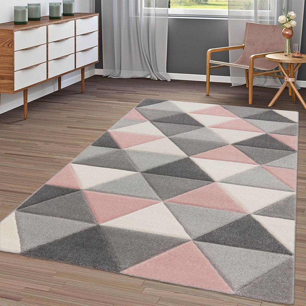 TT Home Kurzflor Teppich Pink Rosa Grau Wohnzimmer Dreieck Rauten Muster 3-D-Look Größe 60x100 cm