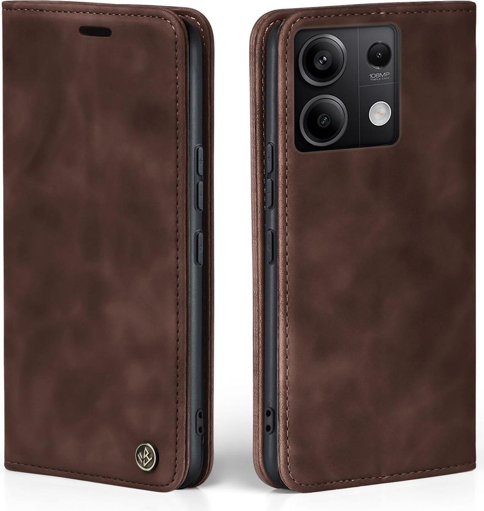 A product shot of a brown flip case for a smartphone, shown from two angles.