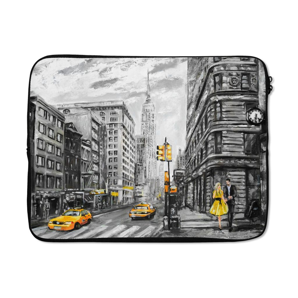 MuchoWow Laptop Hülle 17 Zoll Laptoptasche Malerei - Stadt - Auto - Gelb - Zipper - Schutzabdeckung