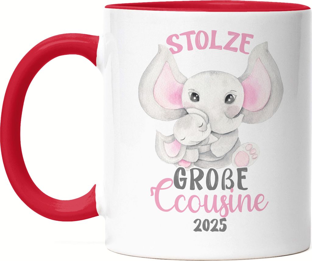 Stolze Große Cousine 2025 Tasse Rot Family Familien Zusammenhalt Geborgenheit Beschützerin Liebe Elefanten