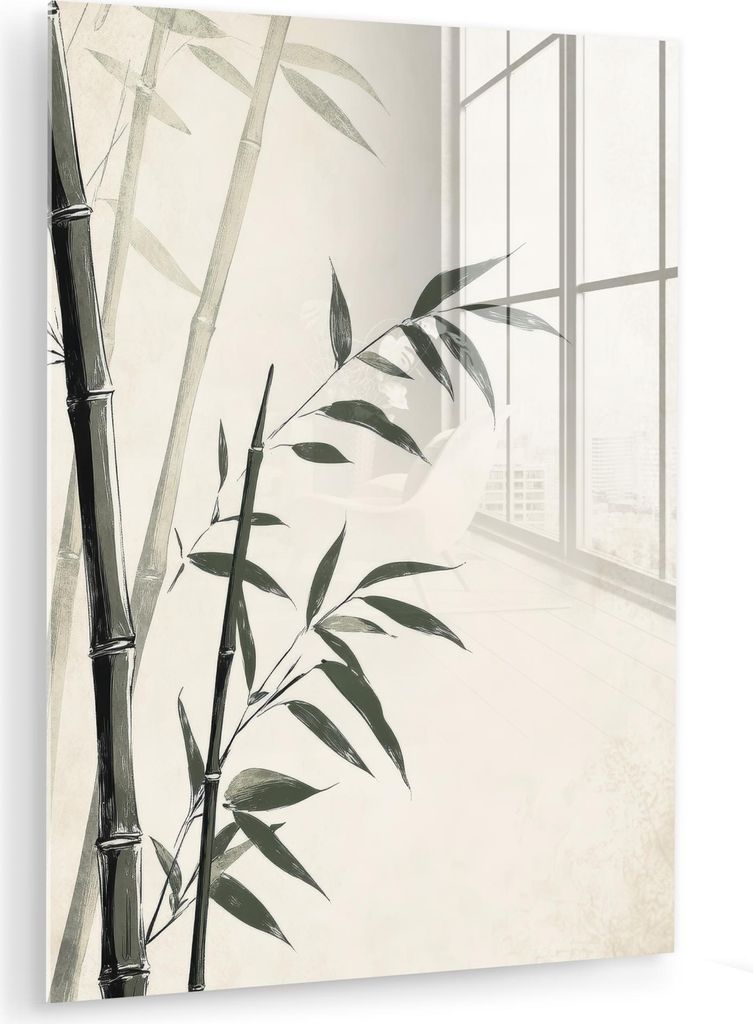 MuchoWow Glasbilder - Bilder auf Wandbild - Foto auf Glas Japandi - Bambus - Beige 60x80 cm Wanddekoration aus Glas - Acrylglasbild - Acrylbilder -...