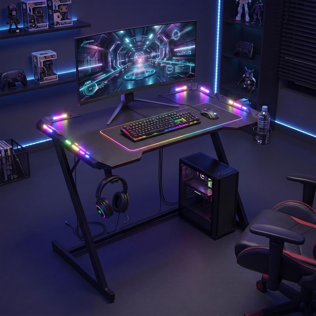 VASAGLE Herní stůl, herní stůl s RGB osvětlením, tvar Z, Obrázek produktu 