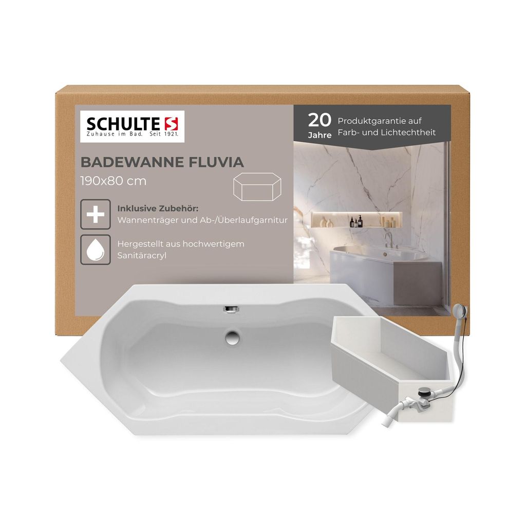 Schulte Badewanne Modell Fluvia, Weiß Sanitäracryl, 190x80 cm, Höhe 58 cm, inkl. Wannenträger und Ablauf