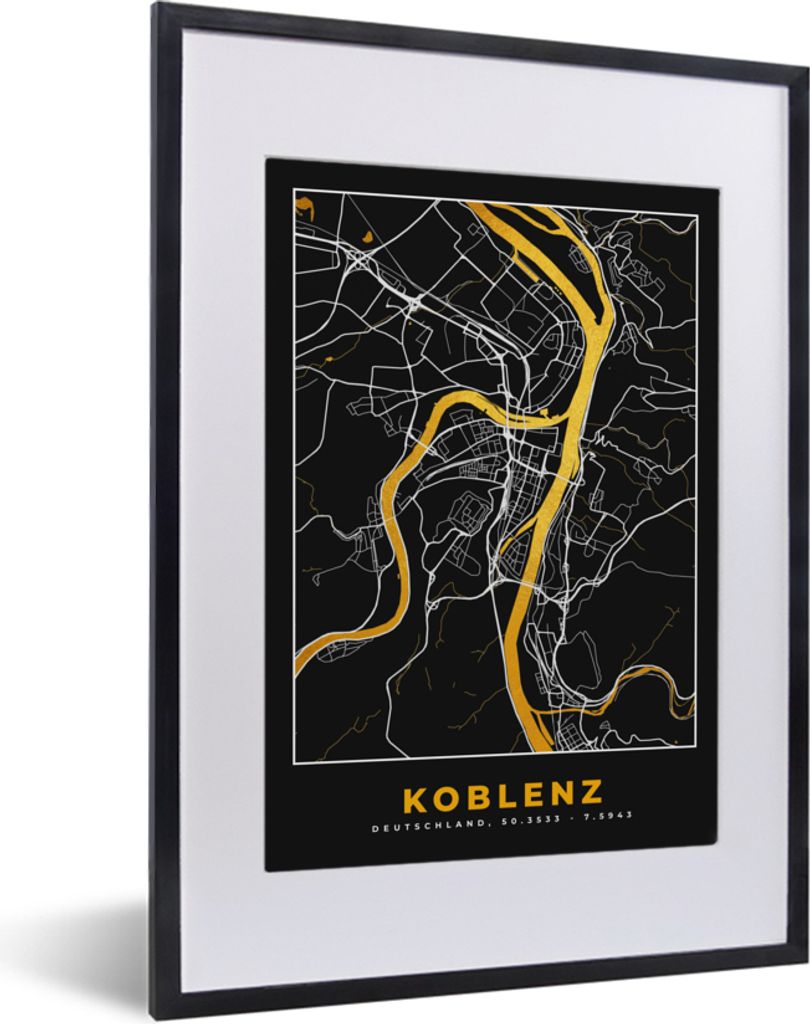 MuchoWow Gerahmtes Poster Stadtplan - Deutschland - Gold - Koblenz - Karte 30x40 cm - Poster mit Schwarzem Bilderrahmen Wandposter Rahmen Foto Bi...