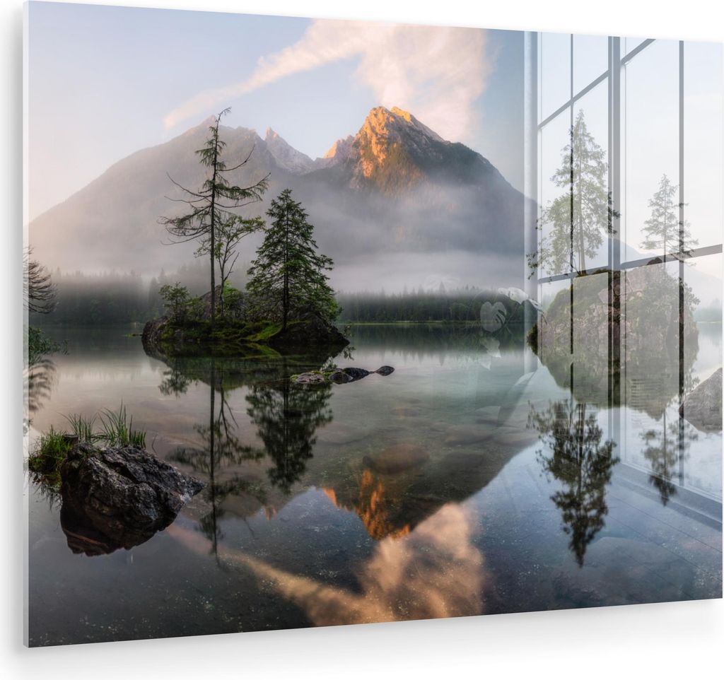 MuchoWow Glasbilder - Bilder auf Wandbild - Foto auf Glas Wasser - Landschaft - Berge - Bäume 40x30 cm Wanddekoration aus Glas - Acrylglasbild - A...