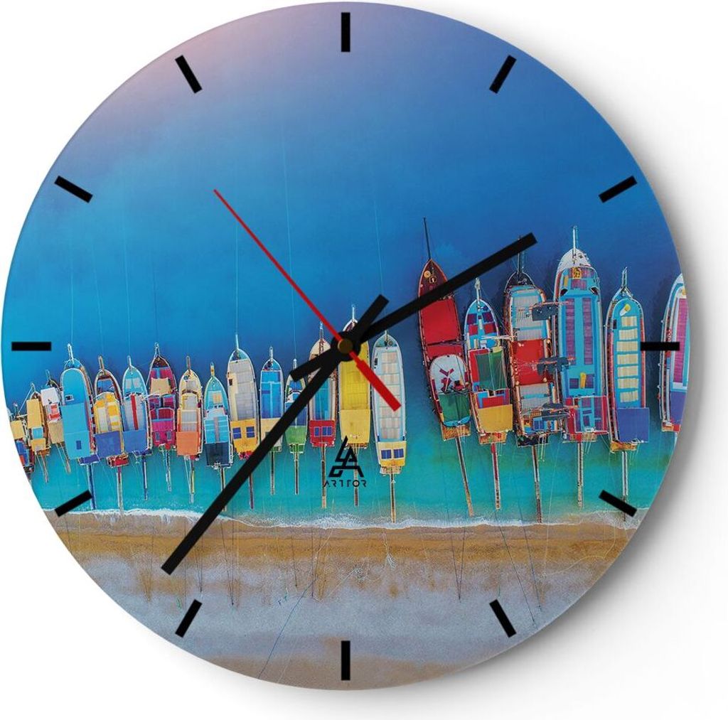 Wanduhr - Rund - Glasuhr - Schiffe Strand Perspektive - 40x40cm - Schleichendes Uhrwerk - Lautlos - zum Aufhängen bereit - Dekoration Modern - Wan...
