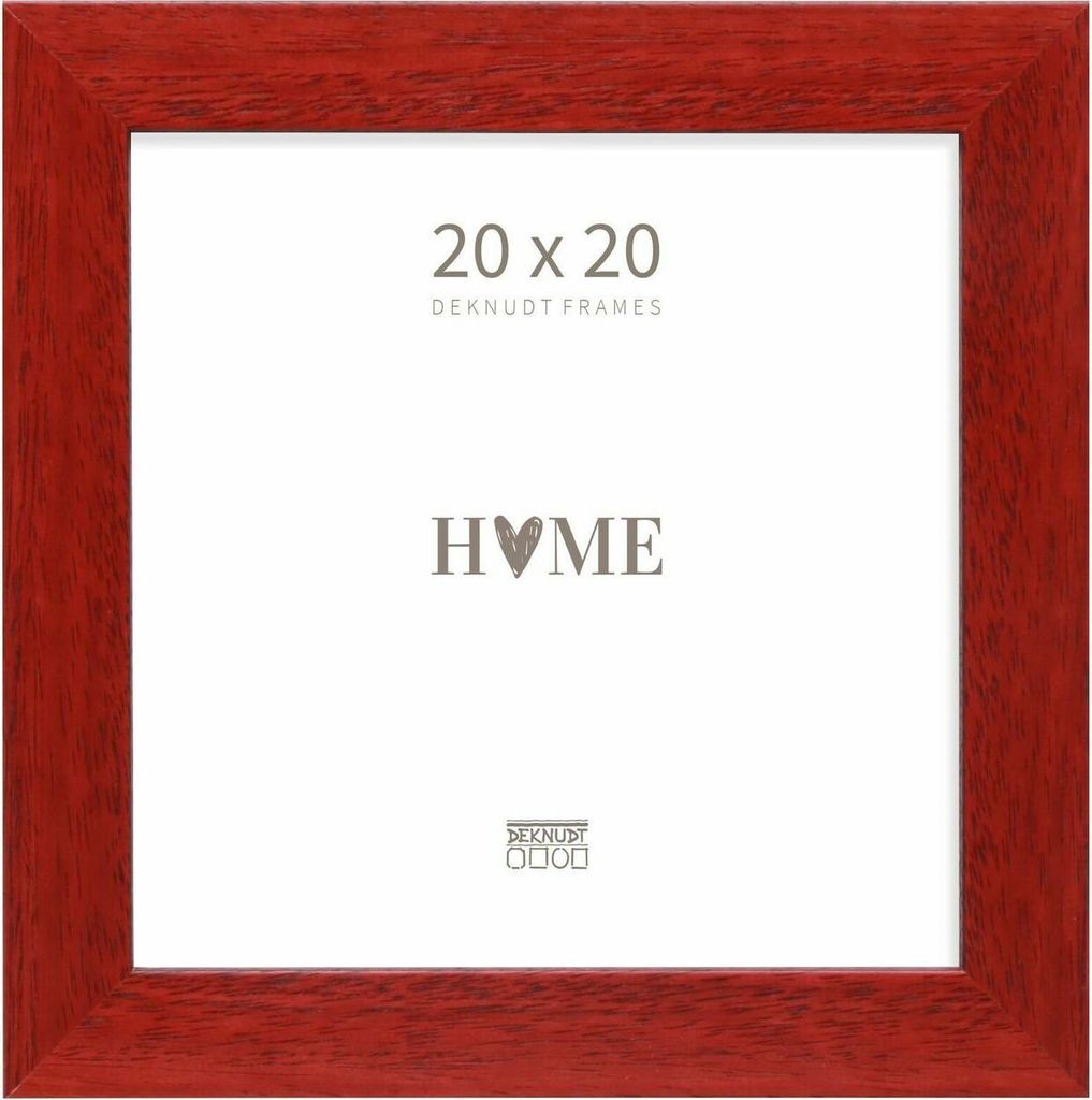 A red wooden picture frame with text and a logo inside.