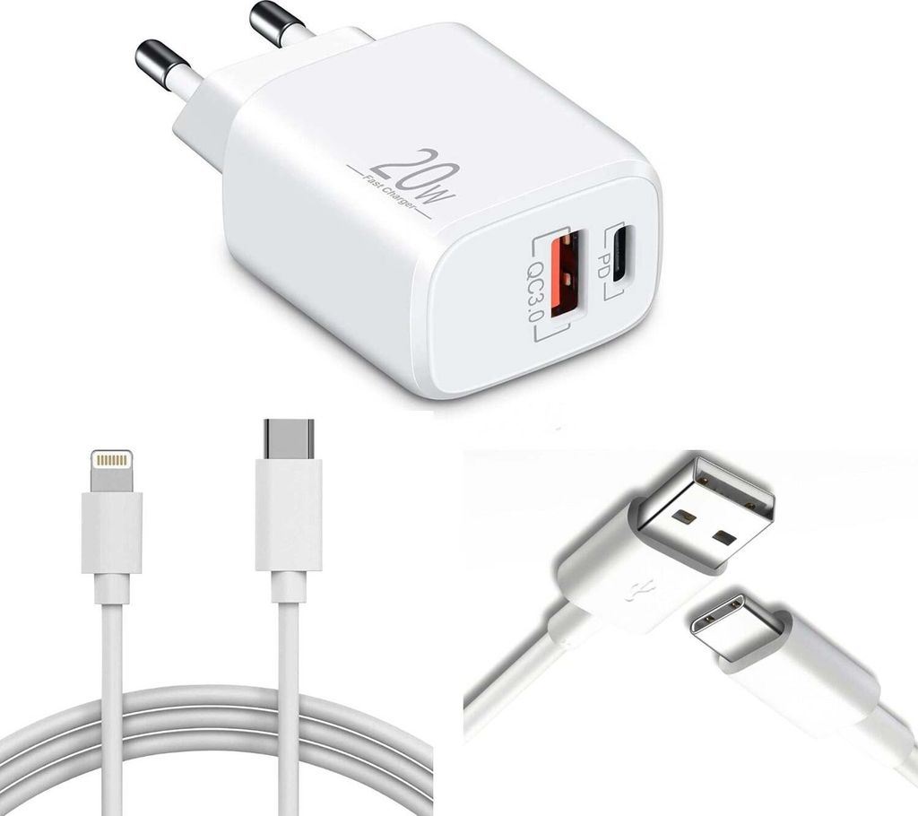 Schnellladegerät USB-C + USB-A Dual Netzteil Universal mit Kabel – 1x USB Typ-C 1x Typ-C Lightning 1 Meter